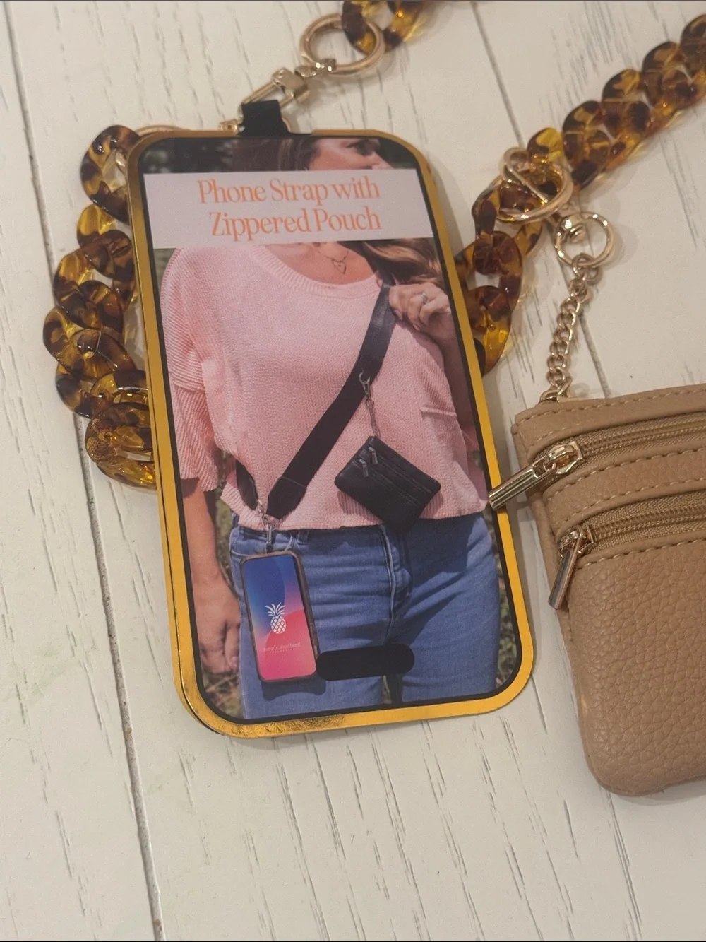 Simply Southern Tortoiseshell Chain Strap with Tan Zippered Pouch